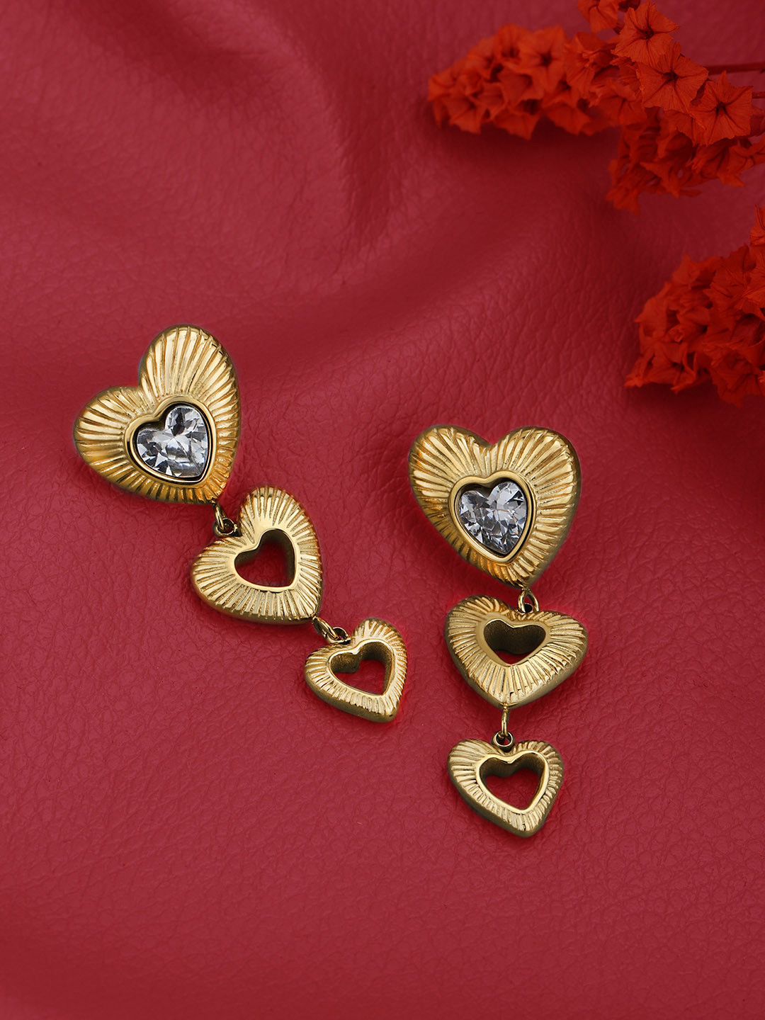 Carlton London Gold Plated CZ Triple Heart Drop Earring