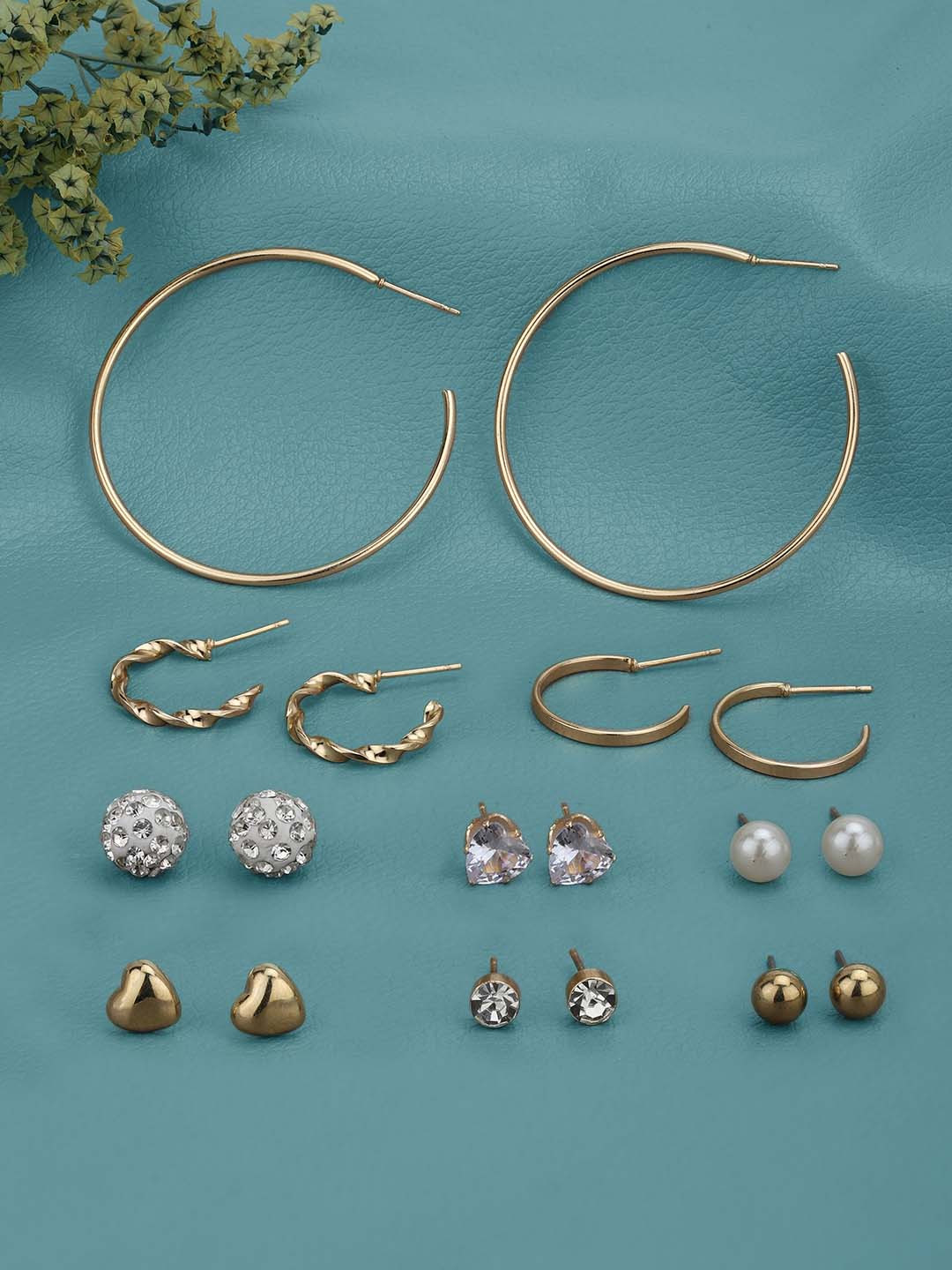 Carlton London Set of 9 Two Tone CZ and Pearl Hoop & Stud Multipack Earring Set