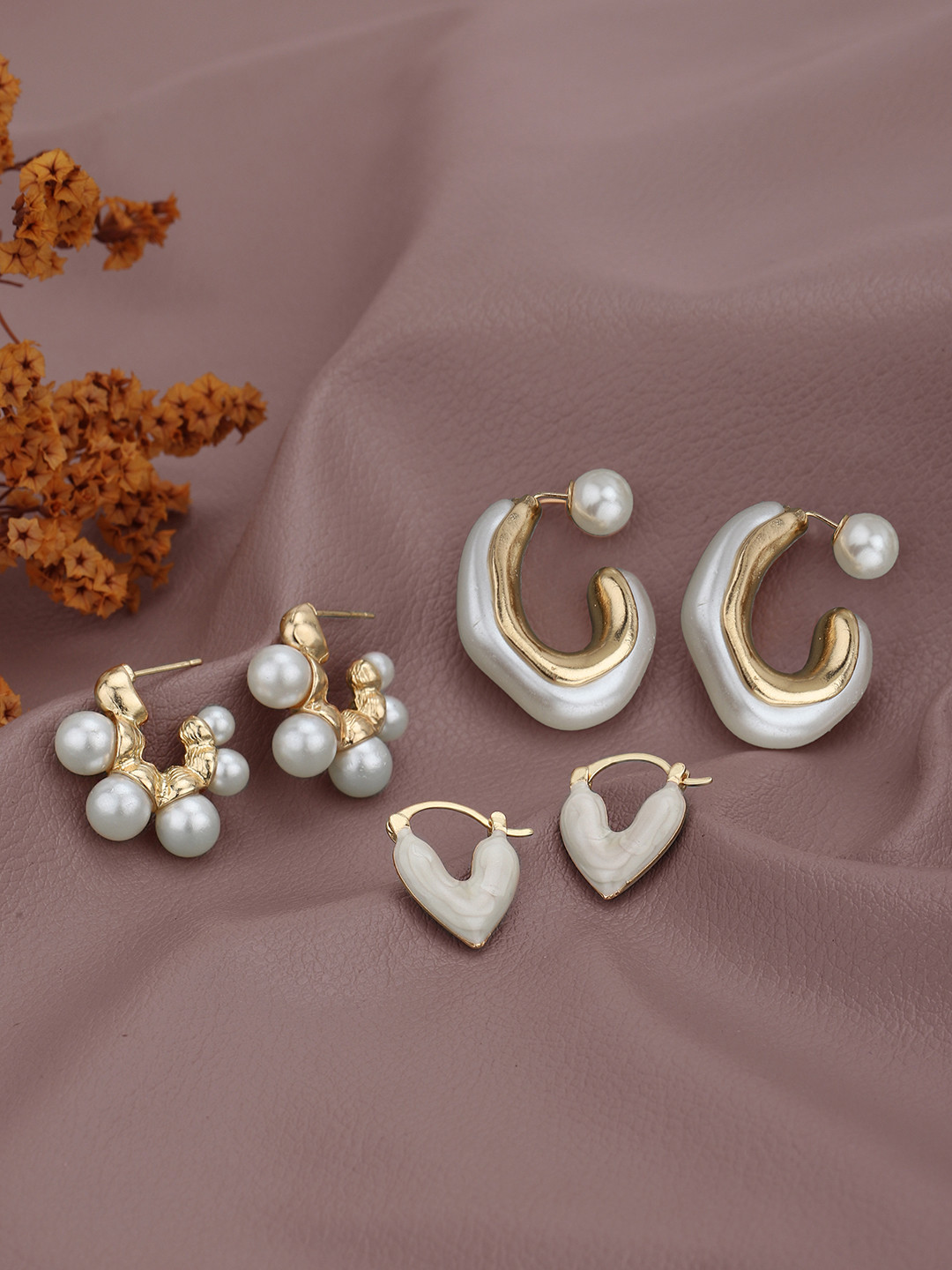 Carlton London Set of 3 Gold Plated Pearl Fancy Multipack Earring Set