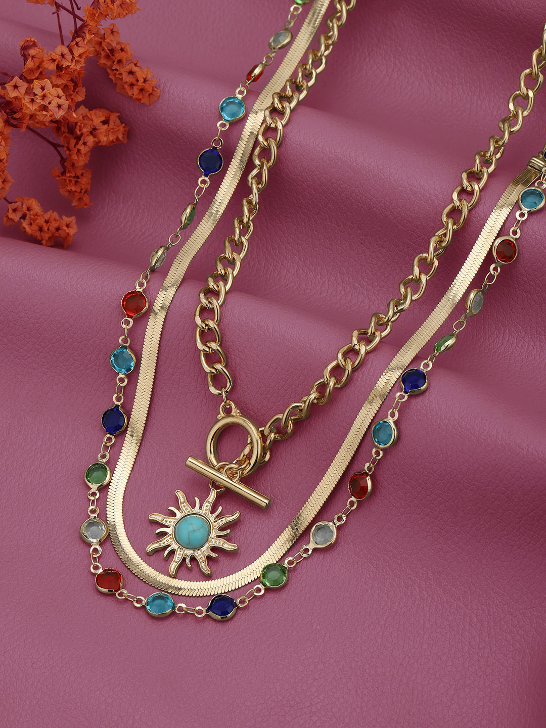 Carlton London Set of 3 Two Toned Plated Multi Colour CZ Multi Pack Necklace