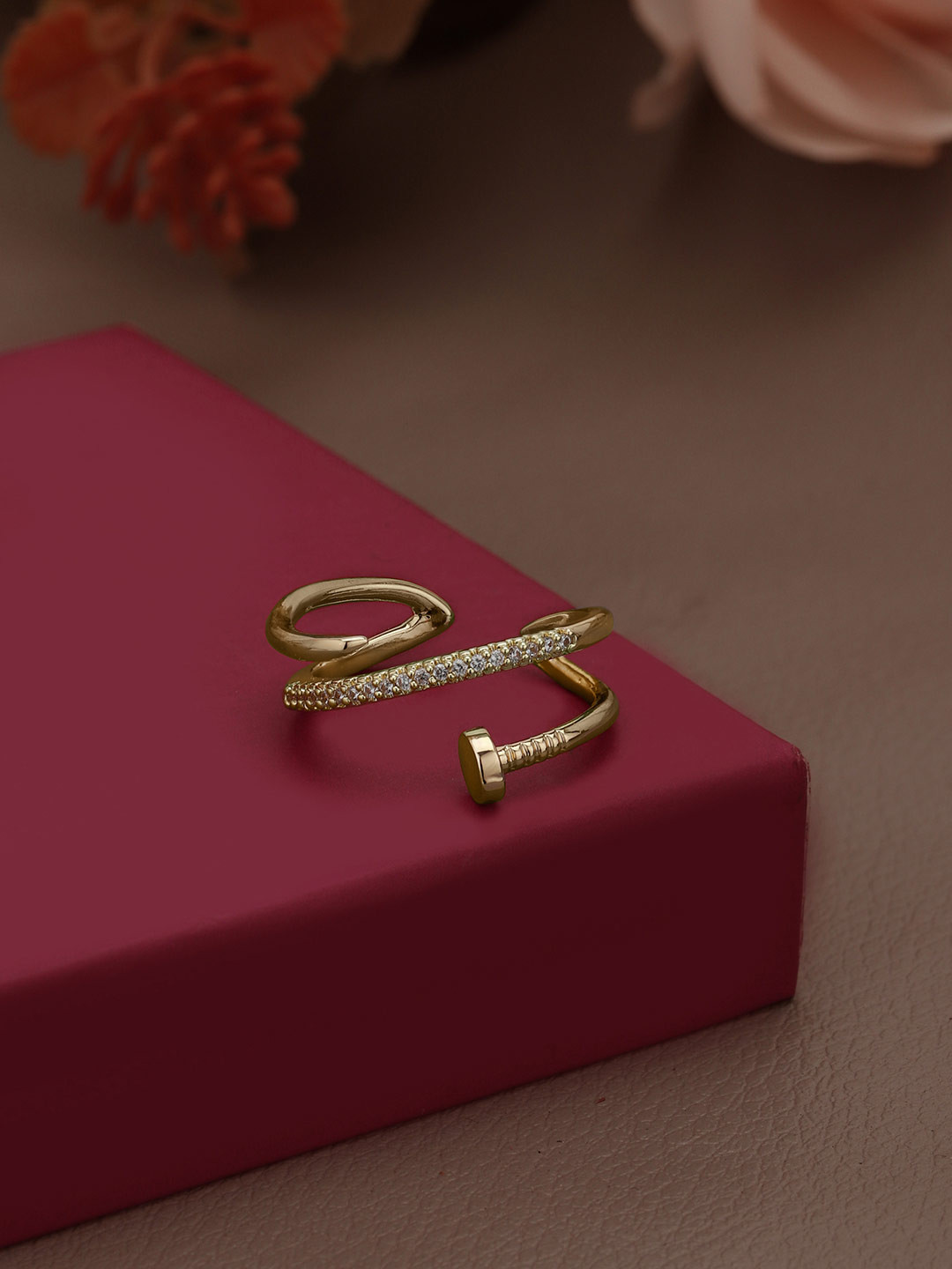 Carlton London Gold Plated CZ Criss Cross Open Adjustable Ring