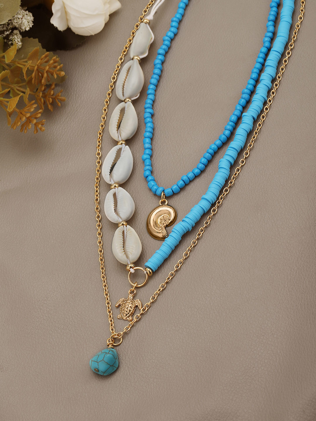 Carlton London Set of 3 Rose Gold Plated Sea Shell Tortoise and Stone Multi Pack Necklace