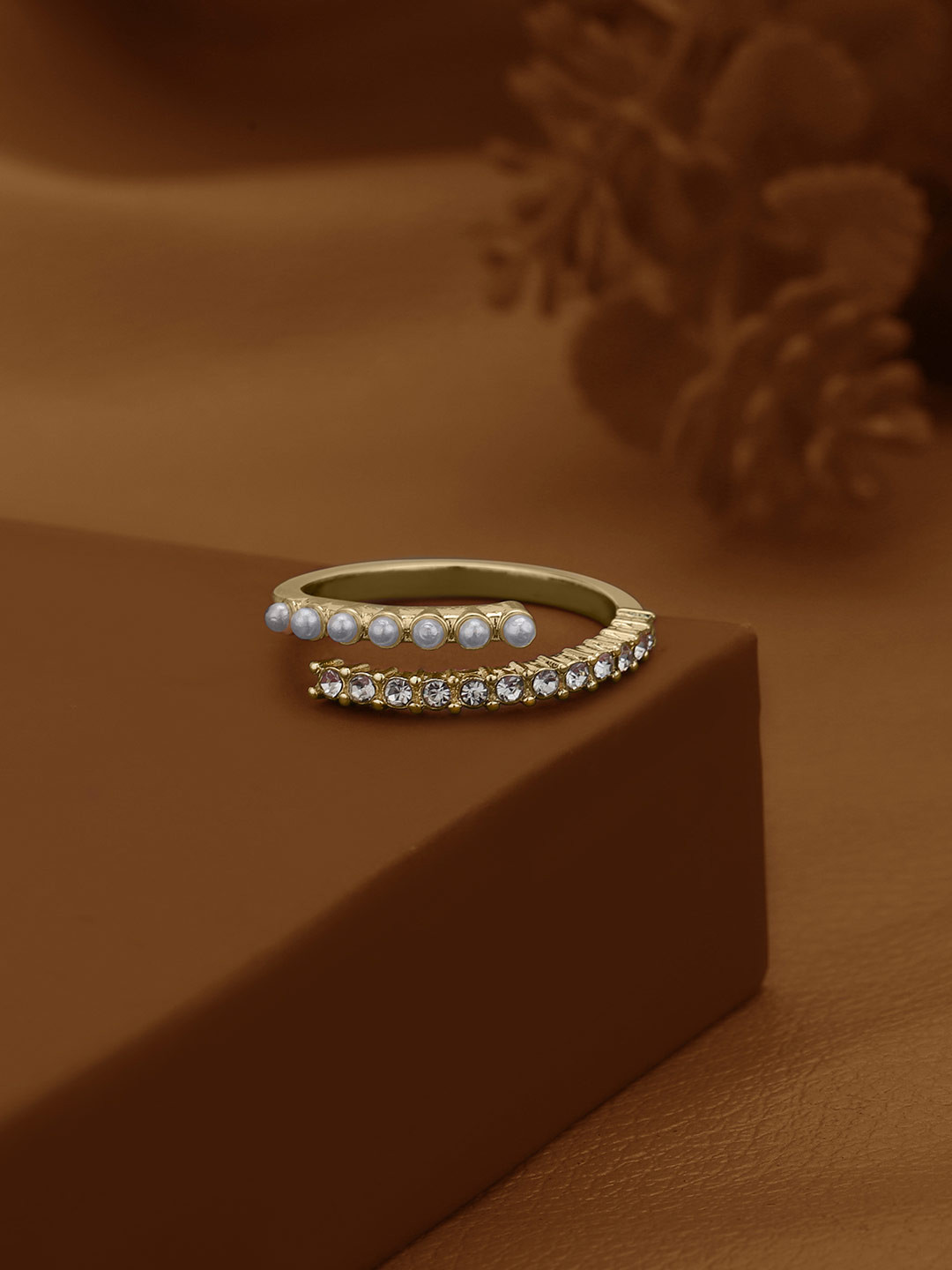 Carlton London Gold Plated CZ and Pearl Fancy Adjustable Ring
