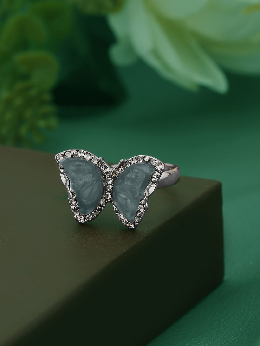 Carlton London Silver Plated Glass Bead Butterfly Adjustable Ring