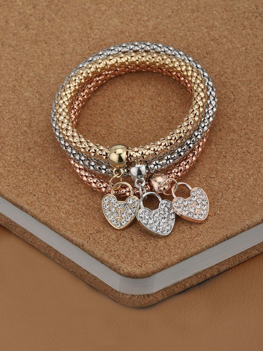 DressBerry Set of 3 Three Toned CZ Heart Charm Wraparound Bracelet