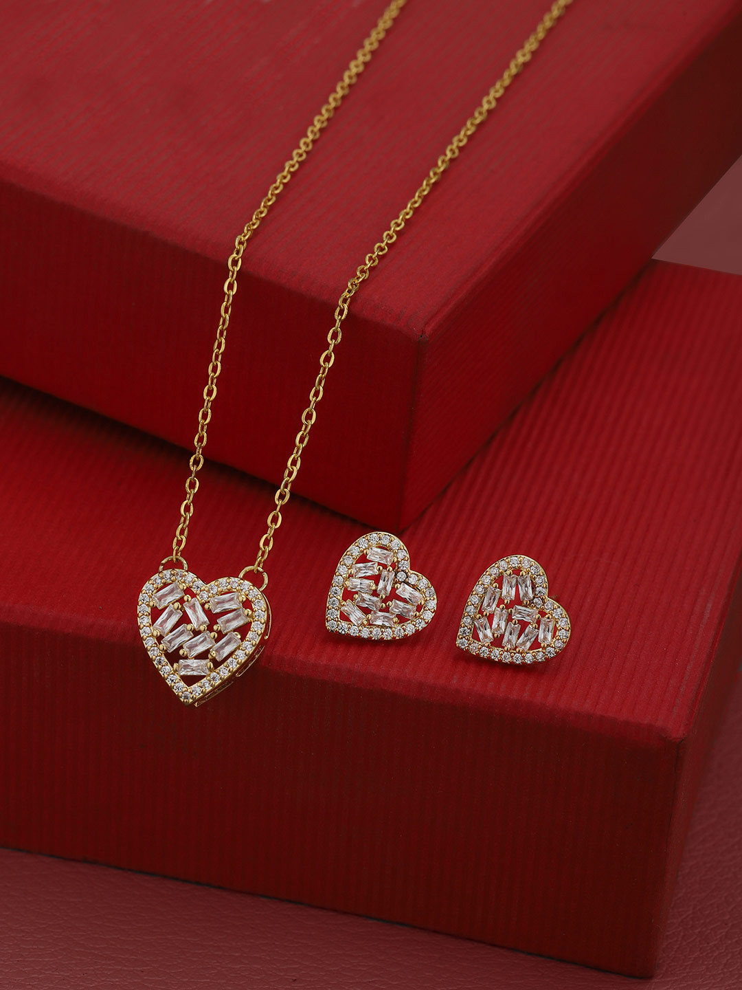Carlton London Gold Plated CZ Heart Necklace and Earring Set