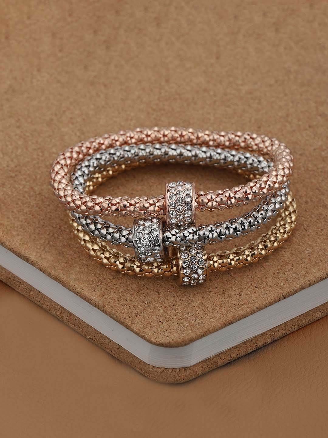 DressBerry Set of 3 Three Toned CZ Ring Charm Wraparound Bracelet