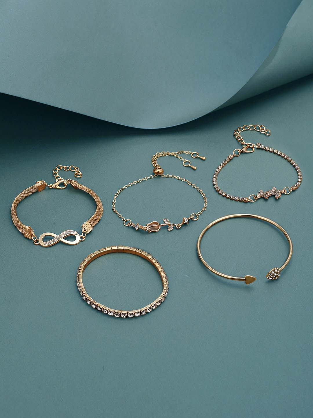 DressBerry Set of 5 Rose Gold Plated CZ Multipack Adjustable & Cuff Love theme Bracelets