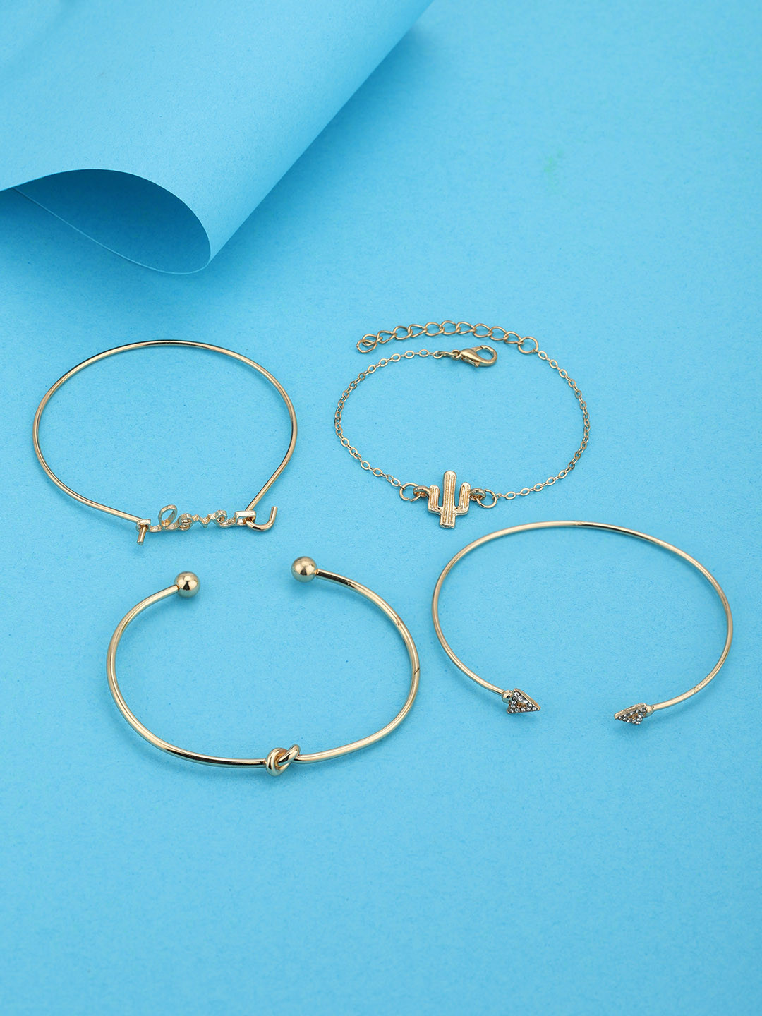 DressBerry Set of 4 Rose Gold Plated CZ Textured Trendy Multipack Charm & Cuff Bracelet Set