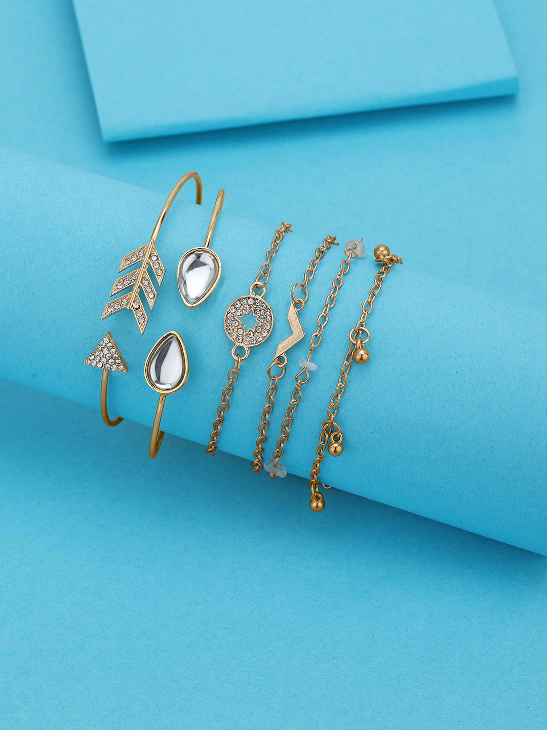 DressBerry Set of 6 Rose Gold Plated CZ Textured Trendy Adjustable & Cuff Bracelet set