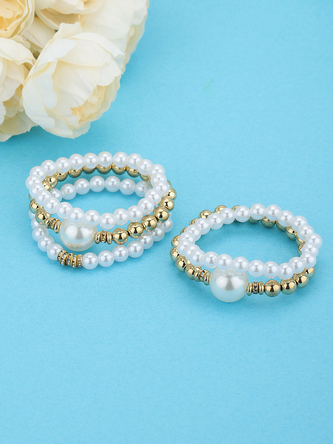 DressBerry Set of 5 Gold Plated White Pearl Wraparound Bracelet