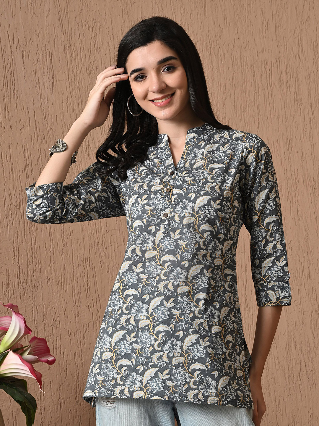 Anouk Rustic Women Floral Print V-Neck Cotton Shirt Style Top