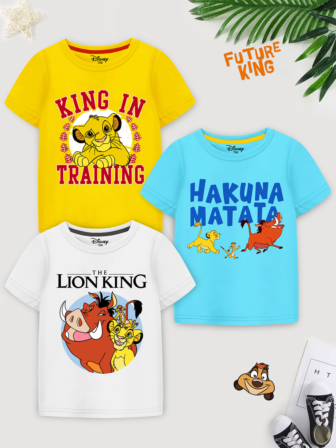 Disney By Miss and Chief Boys Pack of 3 Simba and Friends Graphic Printed T-Shirts