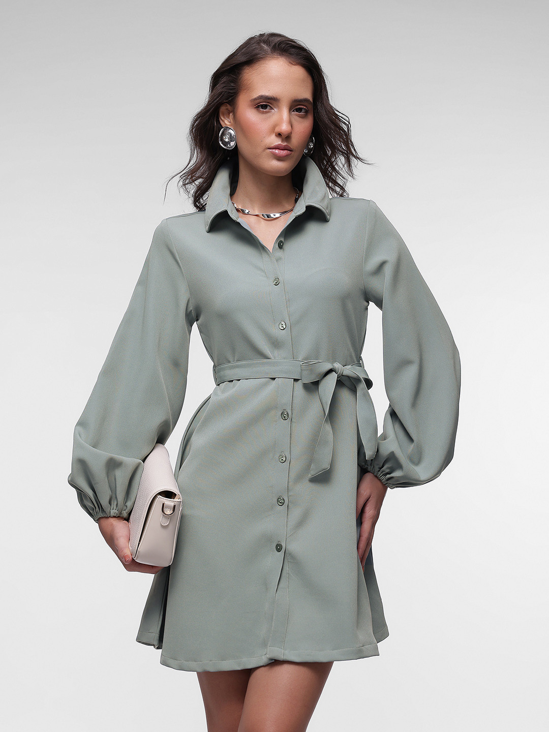 French Connection Puff Sleeve Shirt Dress With Belt