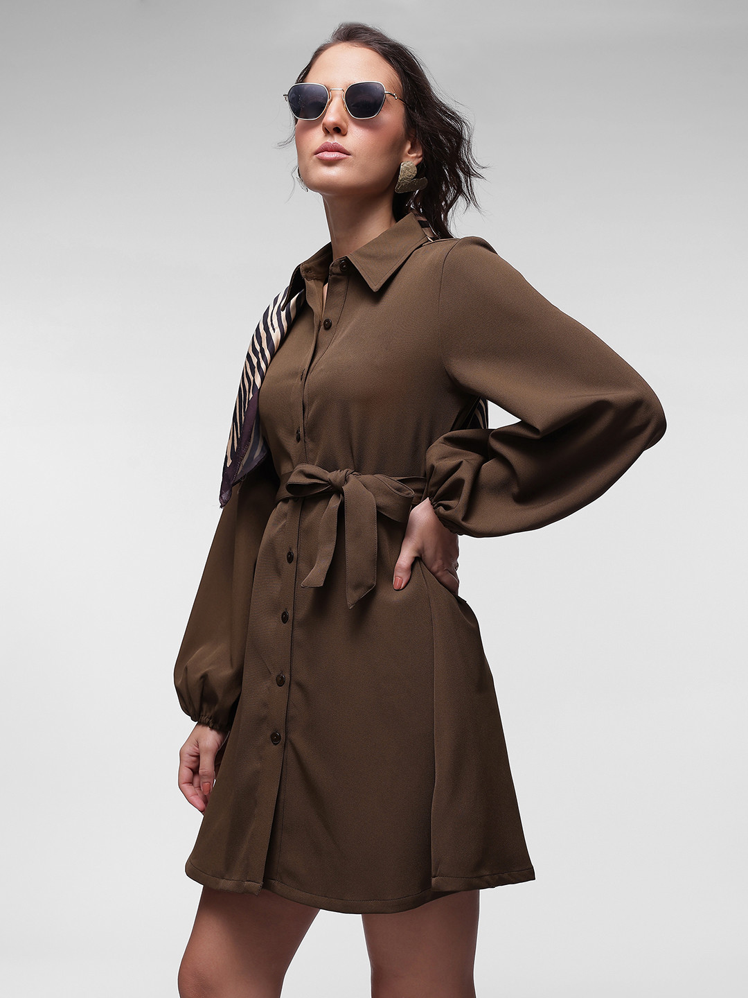 French Connection Puff Sleeve Shirt Dress With Belt