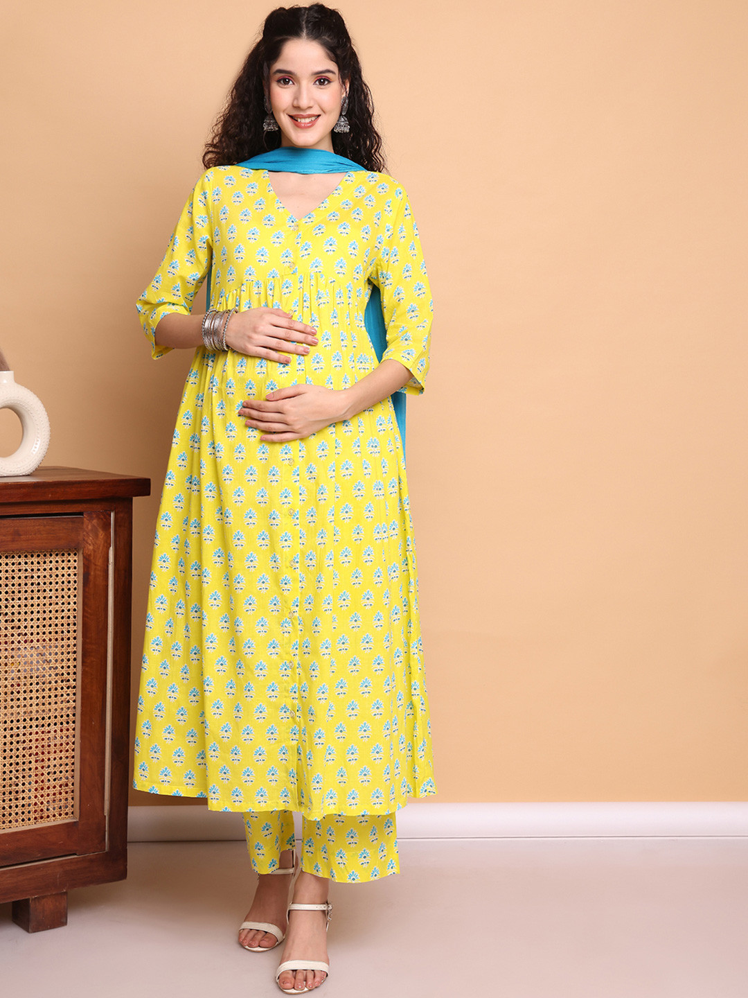 Secret Wish Yellow Floral Cotton Maternity Kurta with Trouser and Dupatta