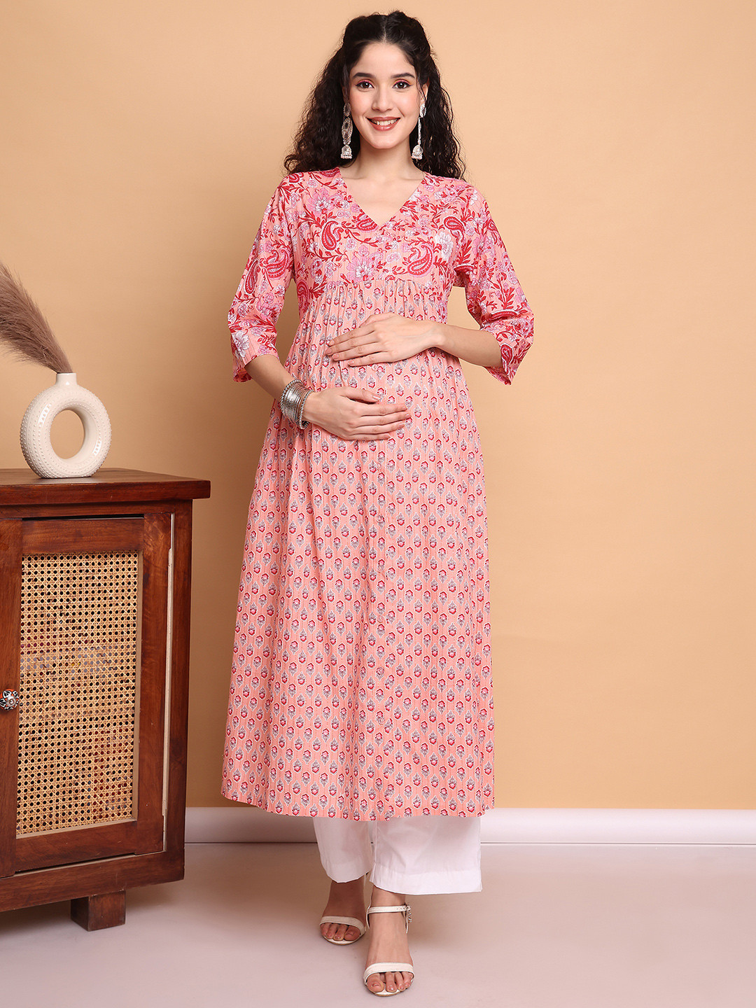 Secret Wish Peach Floral Cotton Lurex Maternity Kurta with Trouser