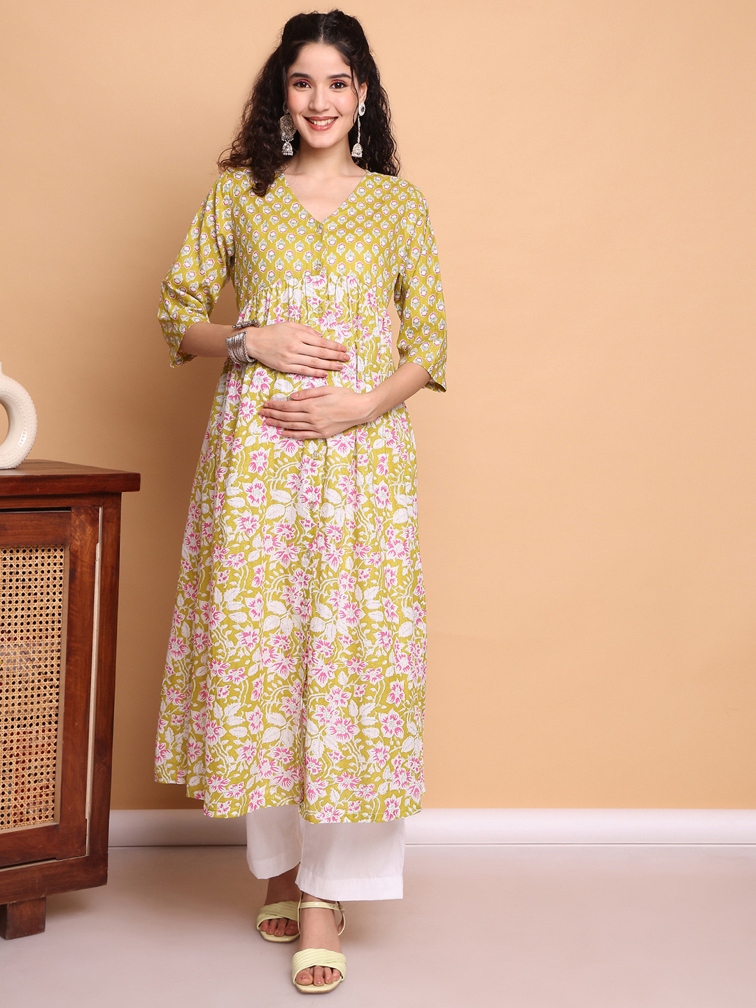 Secret Wish Yellow Floral Cotton Lurex Maternity Kurta with Trouser
