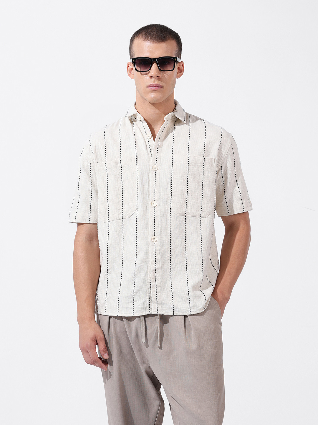 The Indian Garage Co Men Relaxed Fit Striped Doublr Pocket Resort Wear Shirt