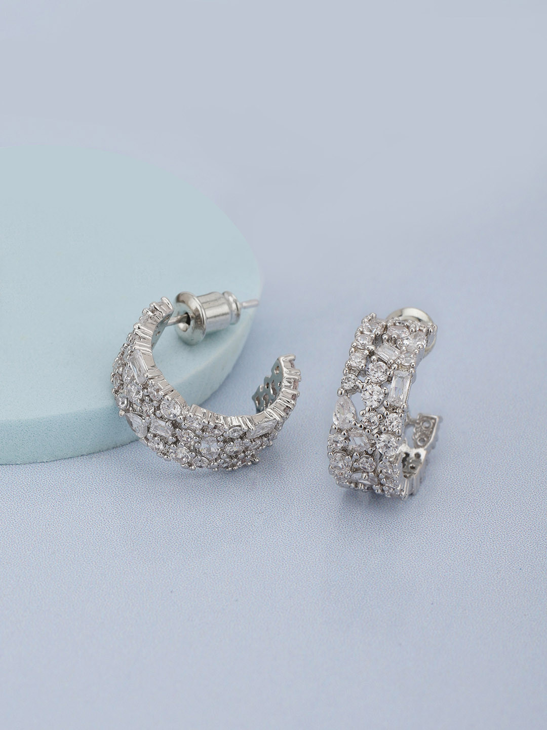 Silver Plated CZ Circular Half Hoop Earring