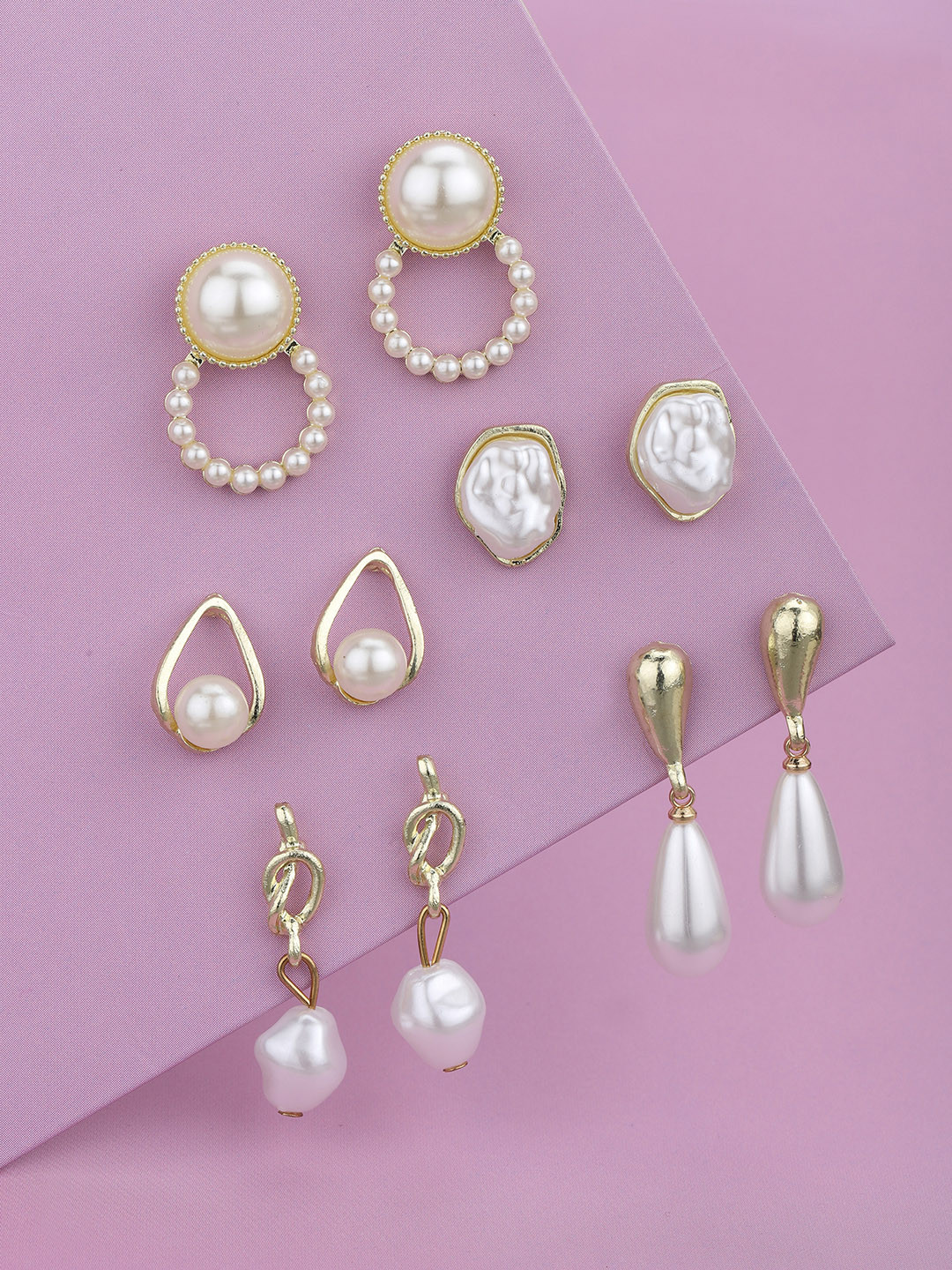 Set of 5 Gold Plated Pearl Fancy Drop Earring