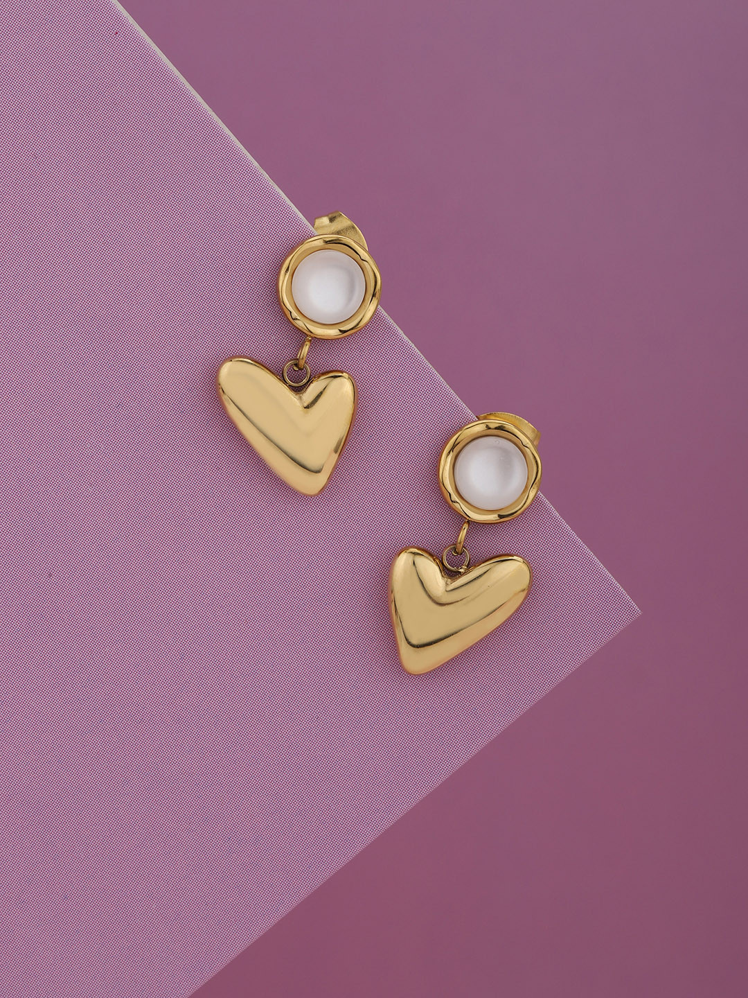 Gold Plated Pearl Dangling Heart Drop Earring