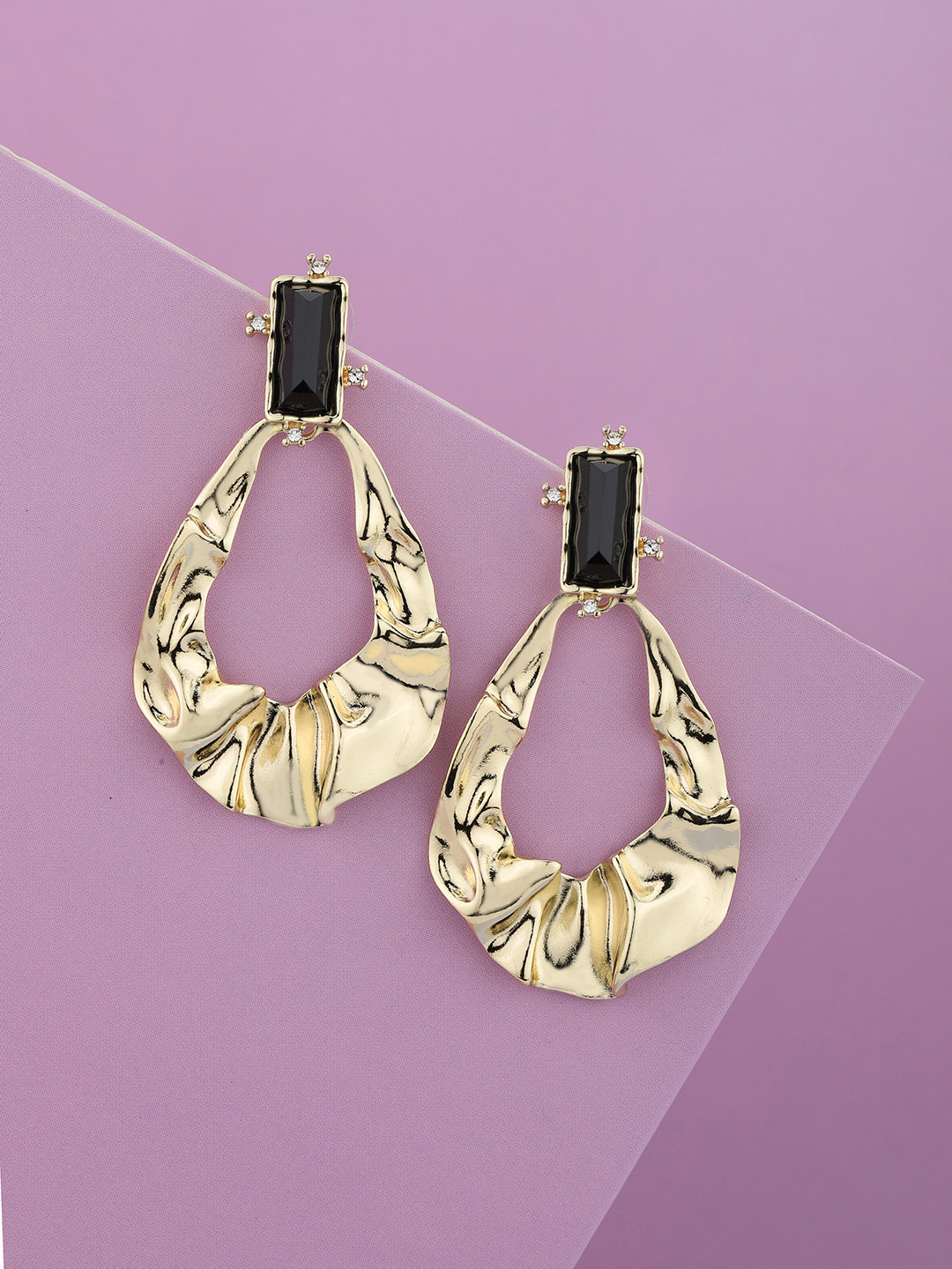 Gold Plated Black Studded Tear Drop Shaped Fancy Drop Earring