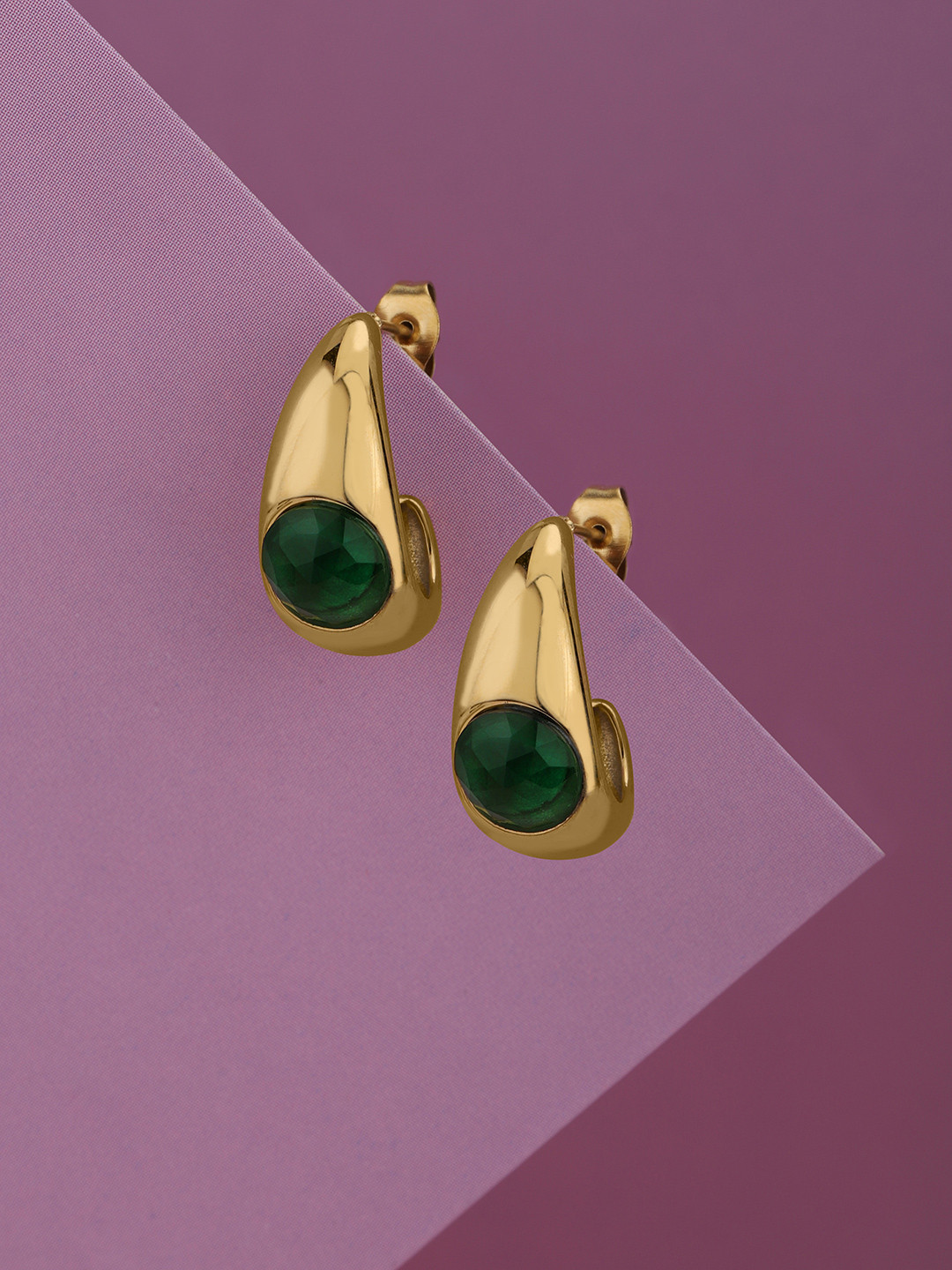 Gold Plated Green CZ Oval Half Hoop Earring