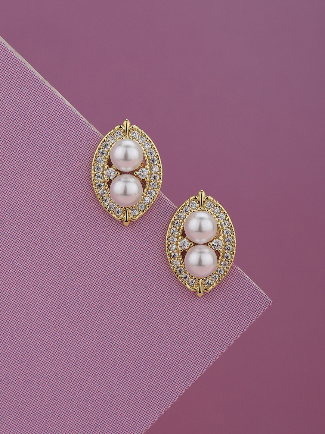 Gold Plated Twin Pearl CZ Studded Oval Stud Earring