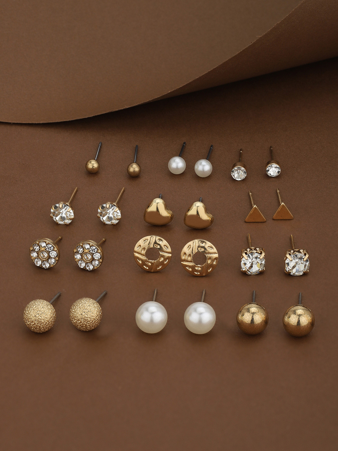 Set of 12 Gold Plated CZ and Pearl Heart Triangular Stud Earring