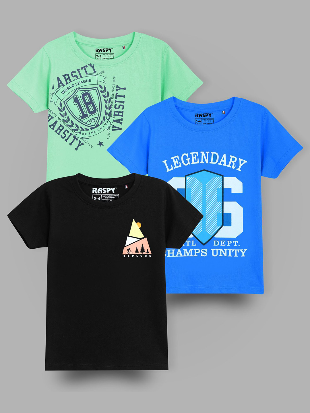 RASPY Boys Graphic Printed Pack Of 3 Round Neck Pure Cotton Regular Fit Tshirts