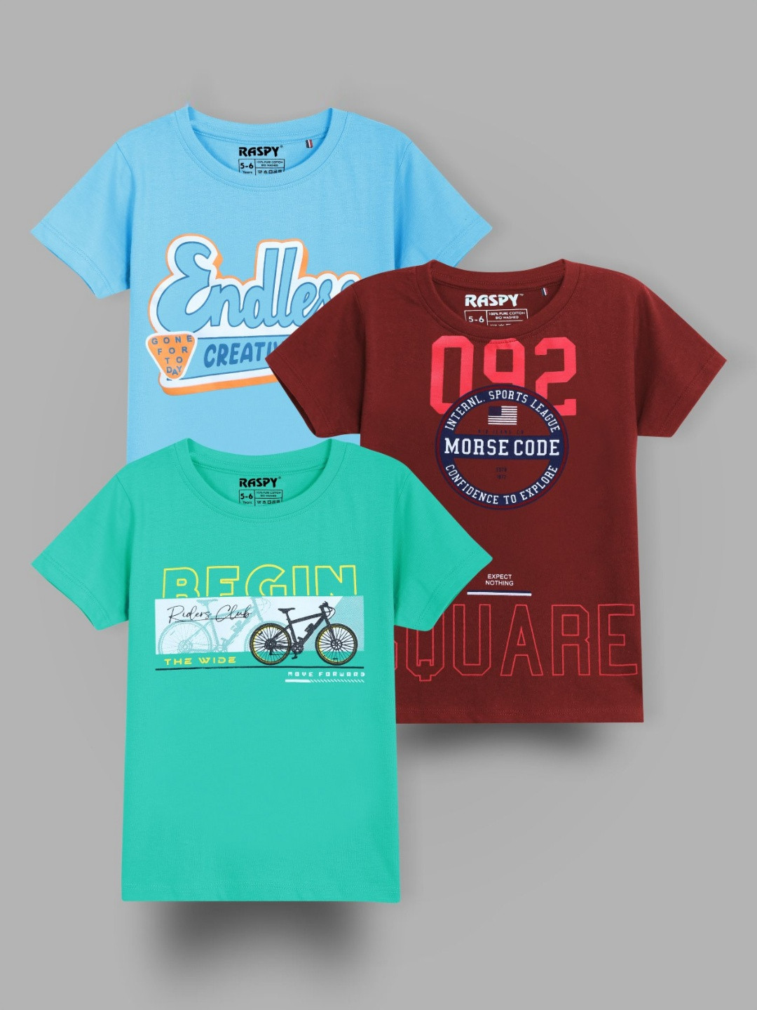 RASPY Boys Set of 3 Typography Printed Round Neck Pure Cotton T-shirt
