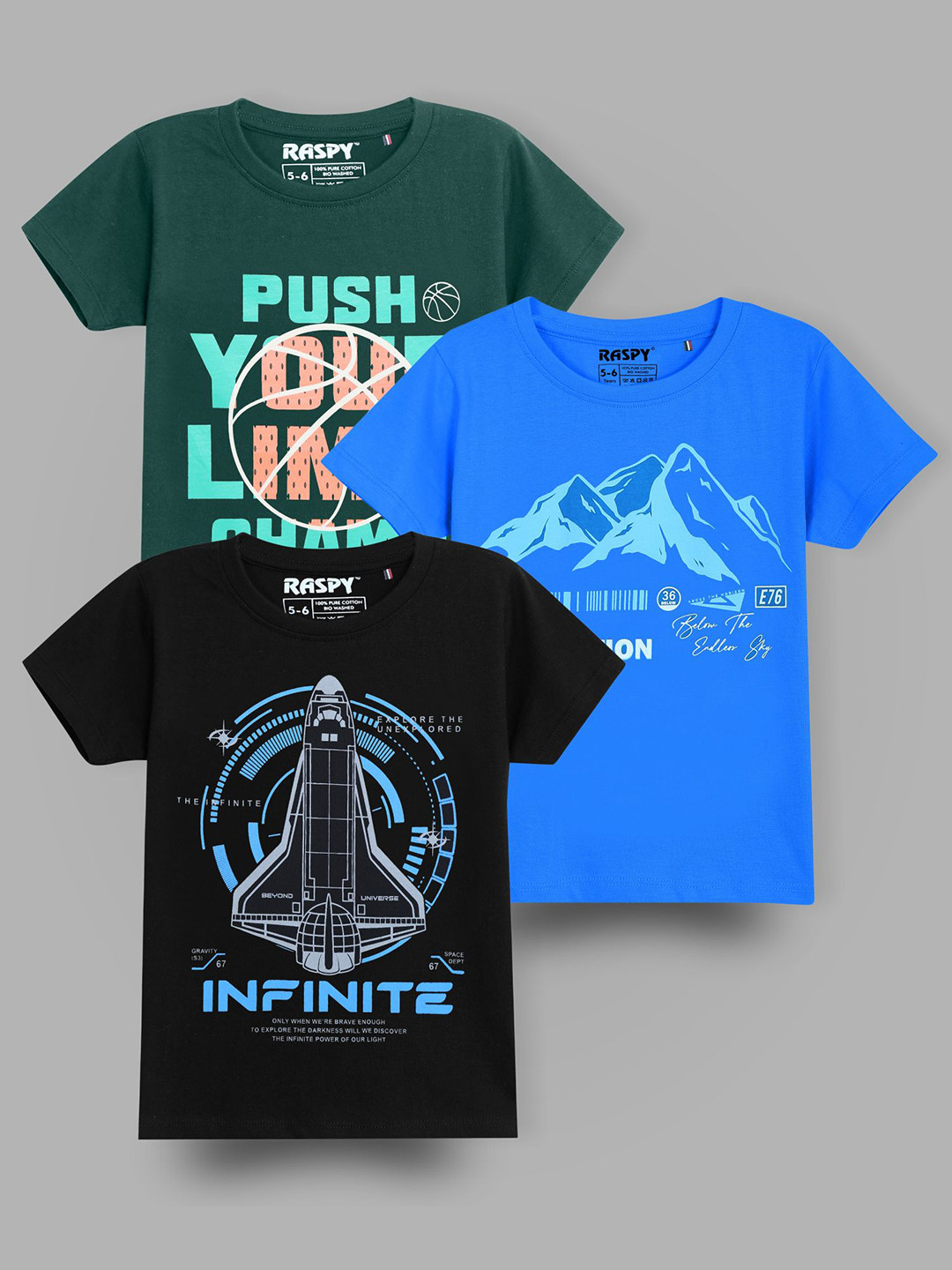 RASPY Boys Set of 3 Typography Printed Round Neck Pure Cotton T-shirt
