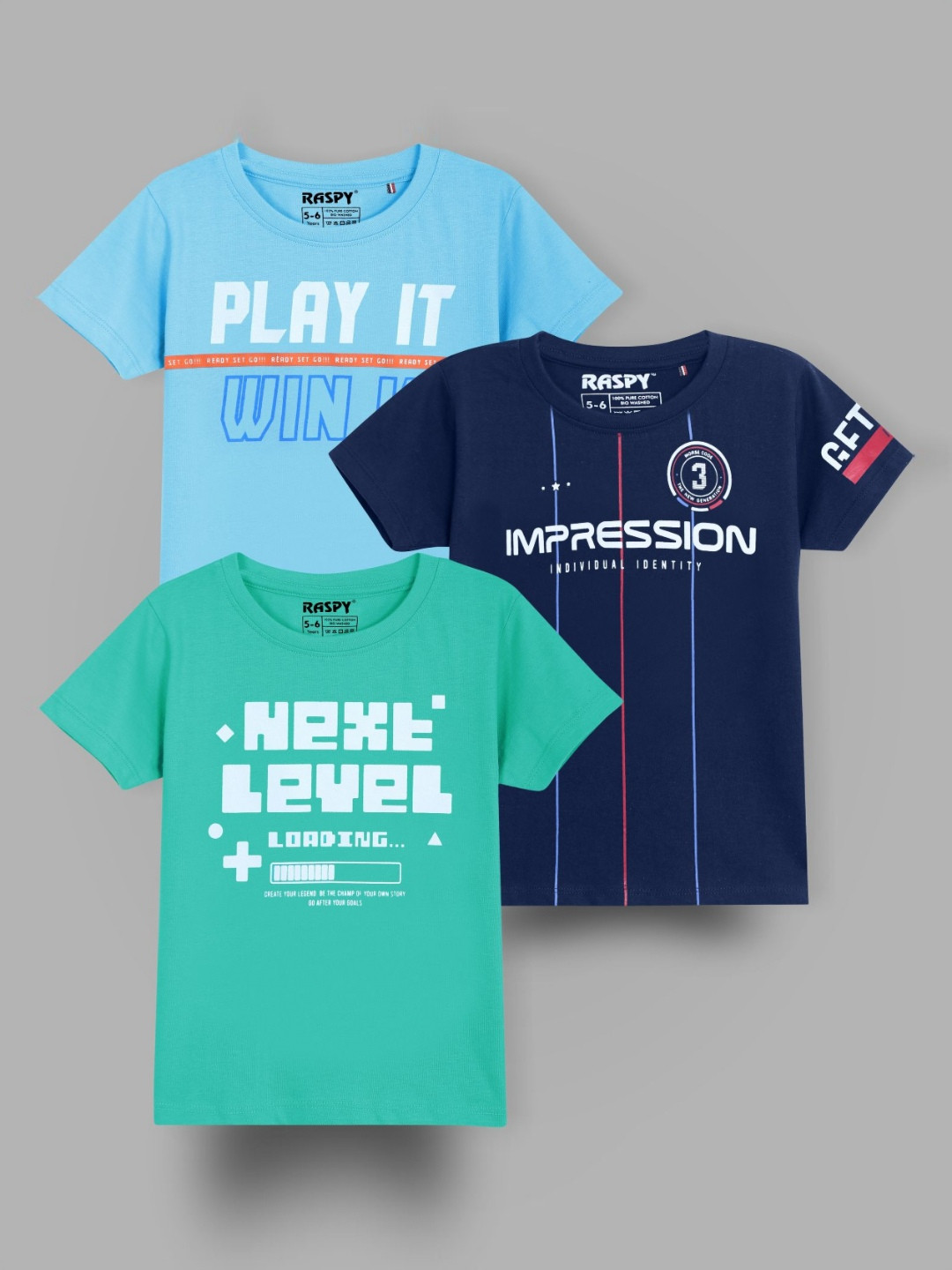 RASPY Boys Typography Printed Pack Of 3 Round Neck Pure Cotton Regular Fit Tshirt