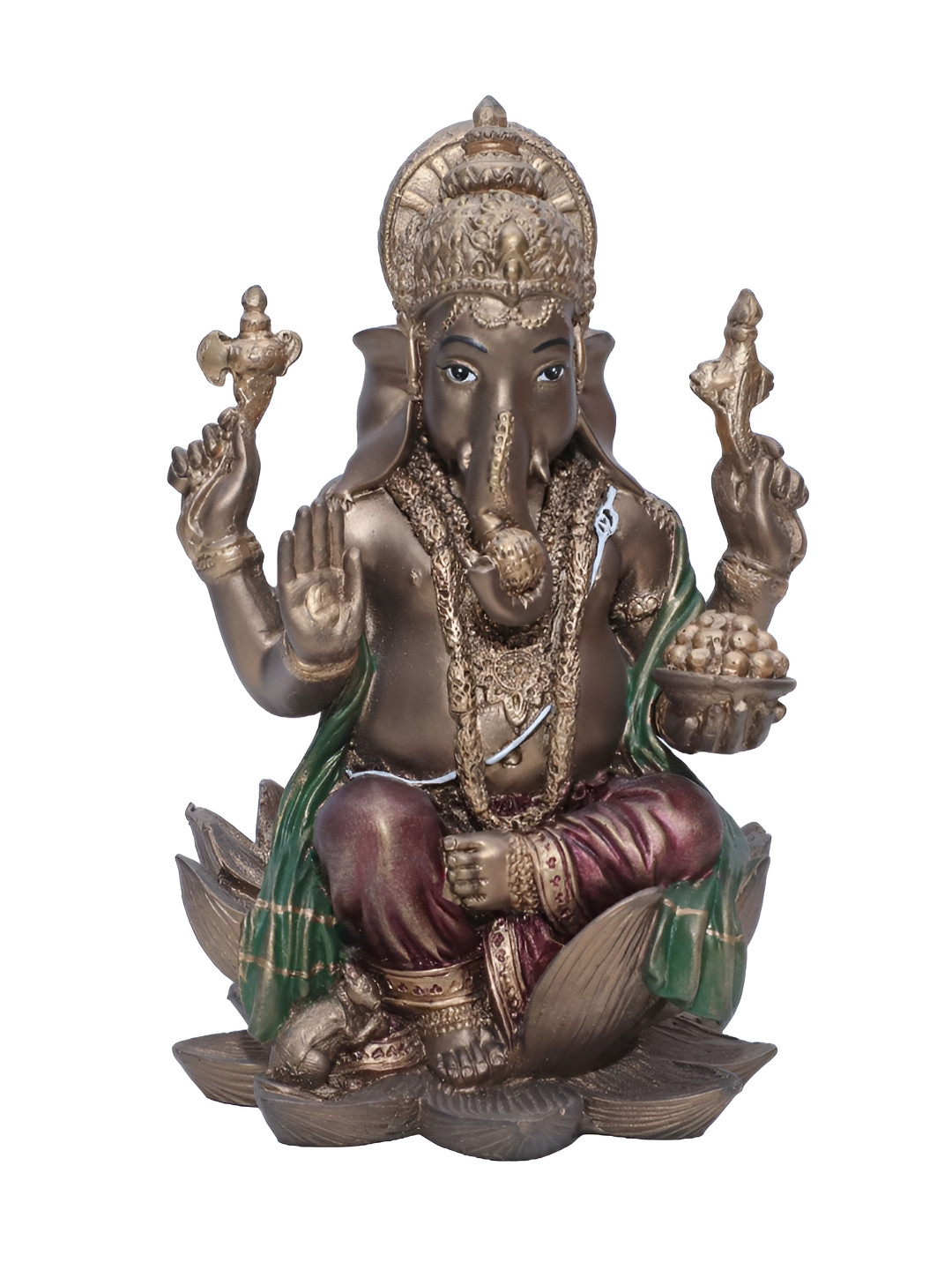 Ashnam Lord Ganesha Sitting On Lotus Brown Polyresin Matte Living Room Small Showpiece - 6.9 Inches