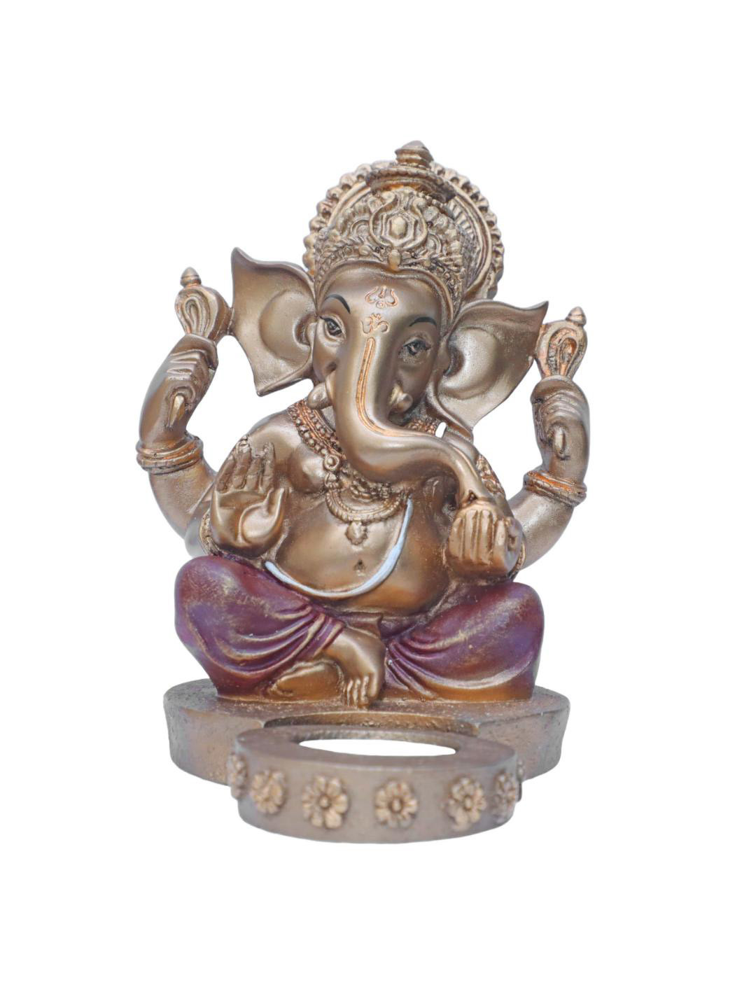 Ashnam Lord Ganesha with T-Light Holder Gold Polyresin Natural Prayer Room Lights Small Showpiece - 6.9 Inches