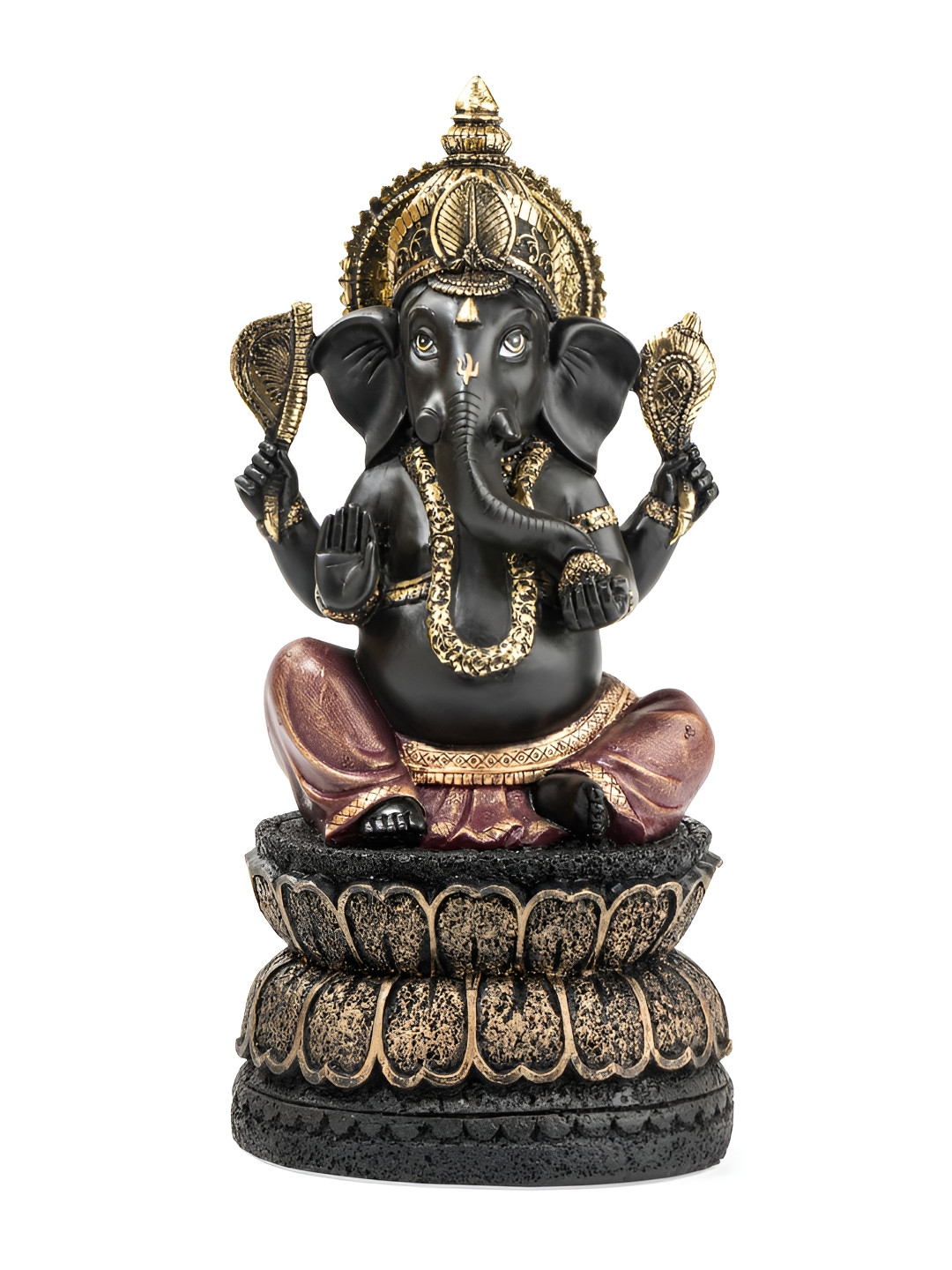 Ashnam Lord Ganesha with Lotus Black Polyresin Matte Prayer Room Small Showpiece - 5.4 Inches