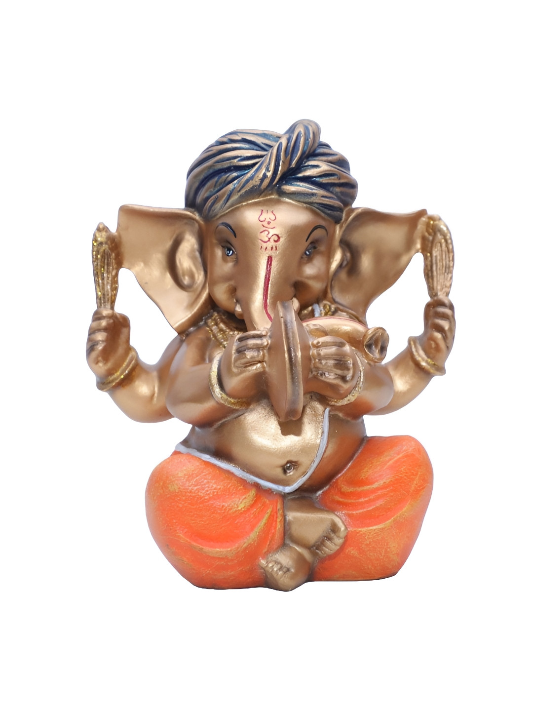 Ashnam Pagadi Manjira Music Lord Ganesha Orange Polyresin Matte Prayer Room Music Small Showpiece - 4.8 Inches