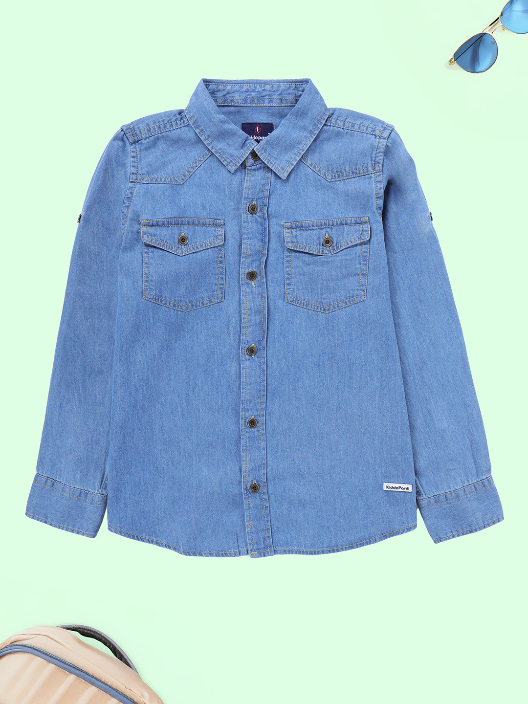 KiddoPanti Boys Roll-Up Sleeves Wrinkle Free Denim Shirt
