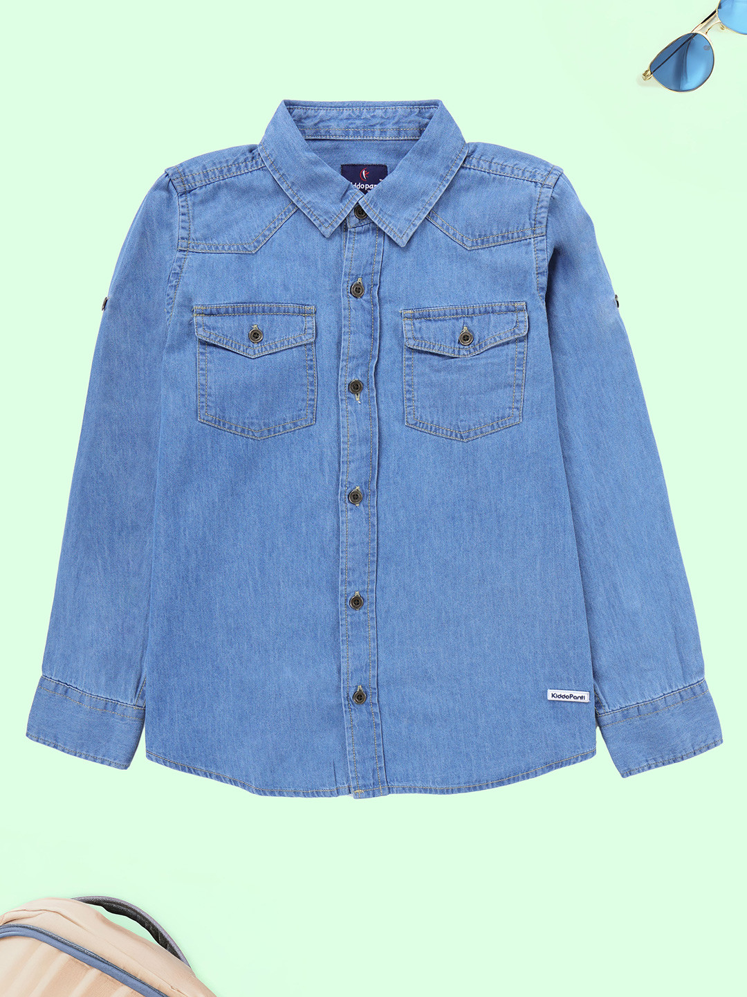 KiddoPanti Boys Roll-Up Sleeves Wrinkle Free Denim Shirt