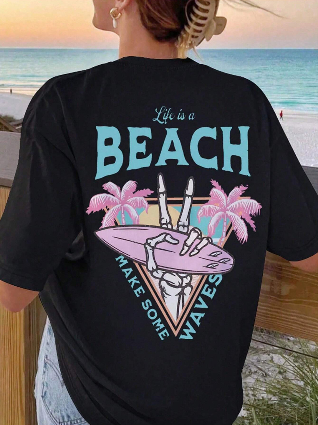 SZN Life is a Beach Typography Oversized T-shirt