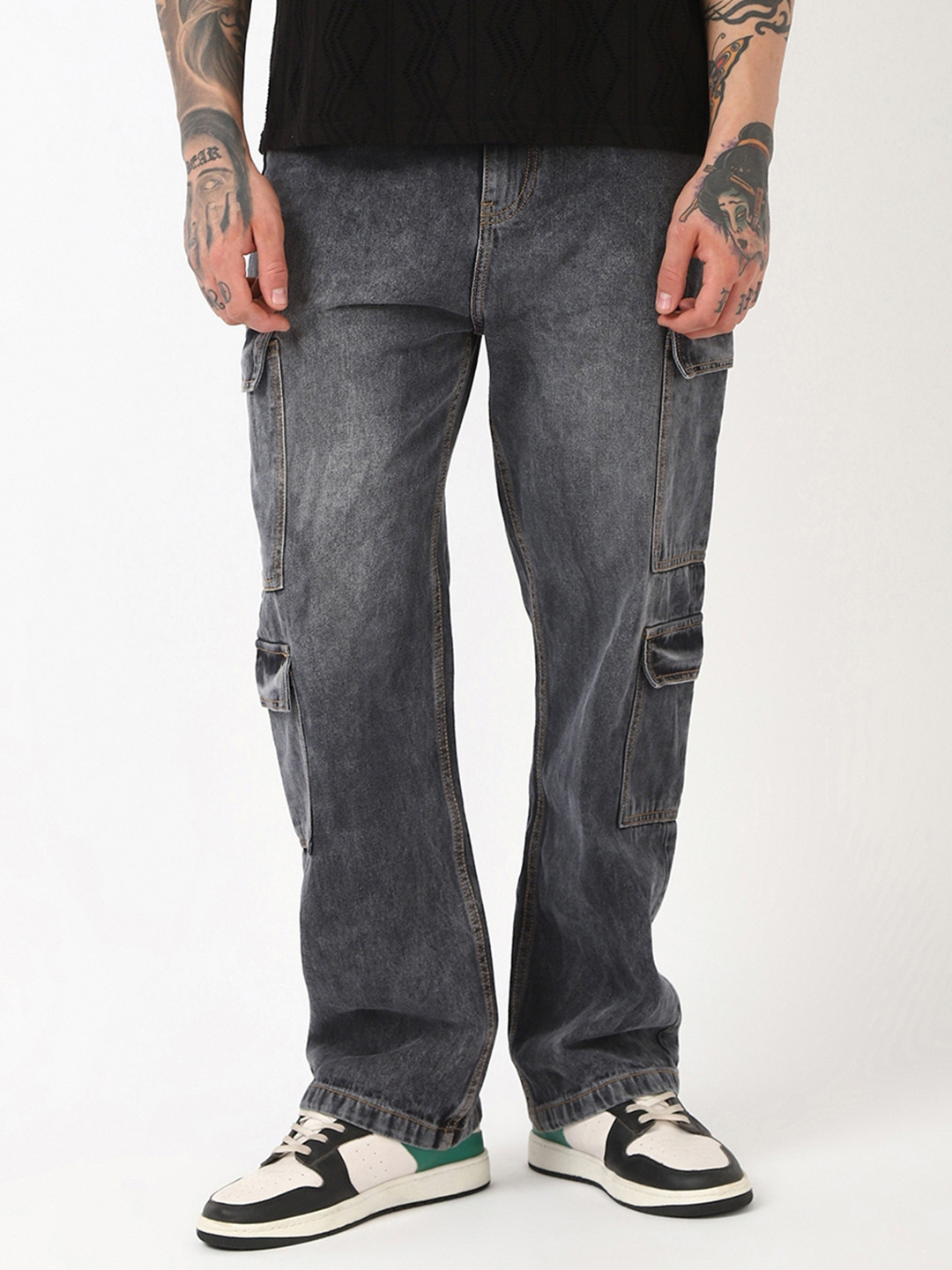 Bewakoof Men Grey Baggy  Fit Washed Cargo Mid-Rise Jeans