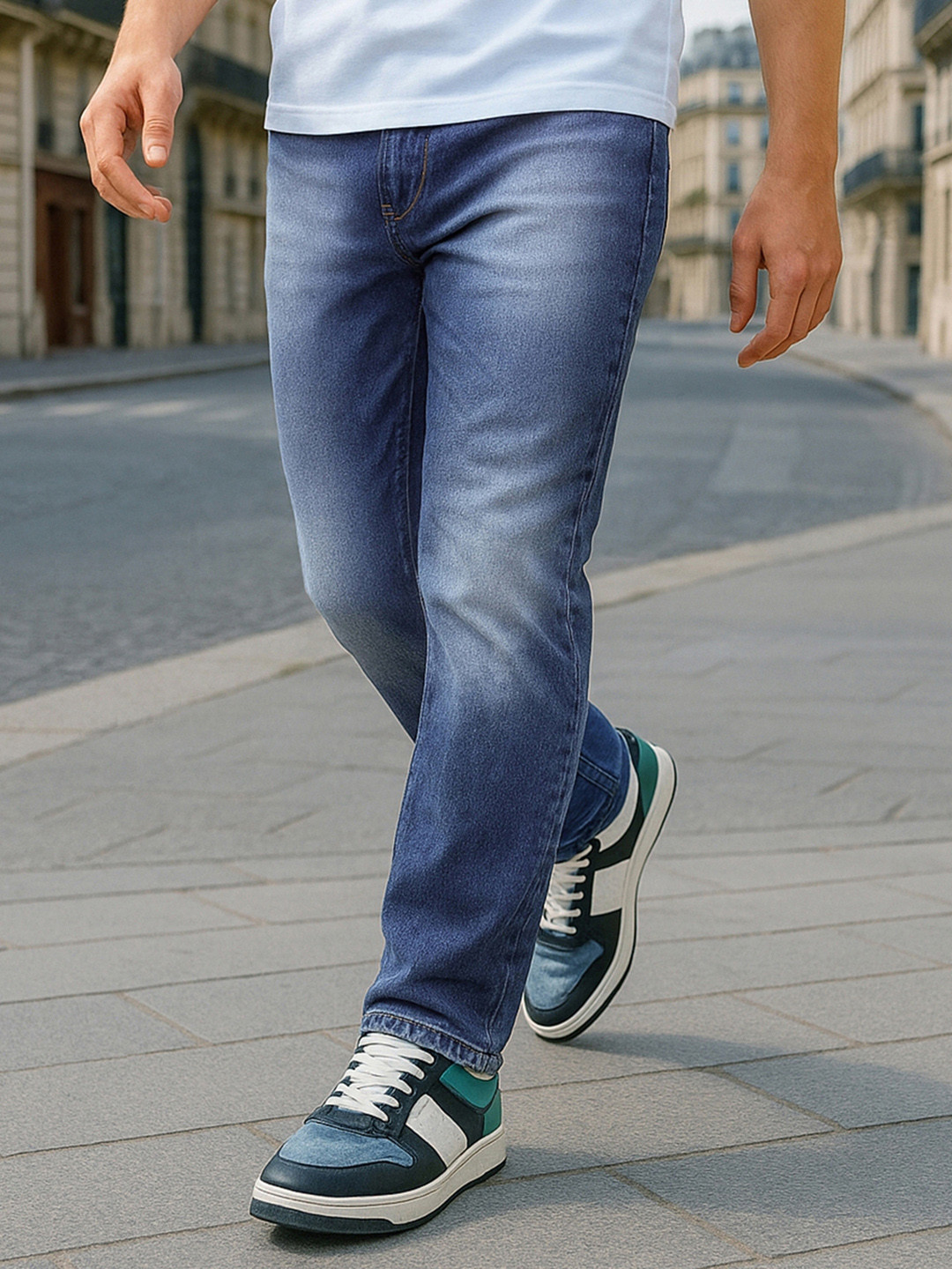 Bewakoof Men's Blue Slim Straight Fit Mid-Rise Stretchable Jeans