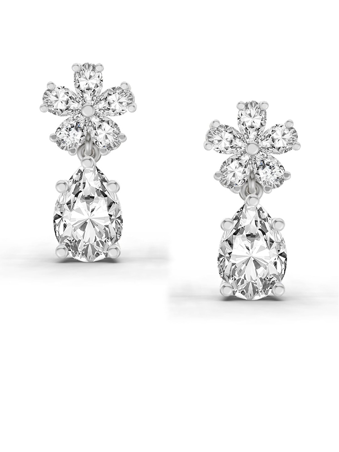 Sparkles Lab Grown Diamond 2.8 Carat Floral Pear Drop Earrings 14K White Gold