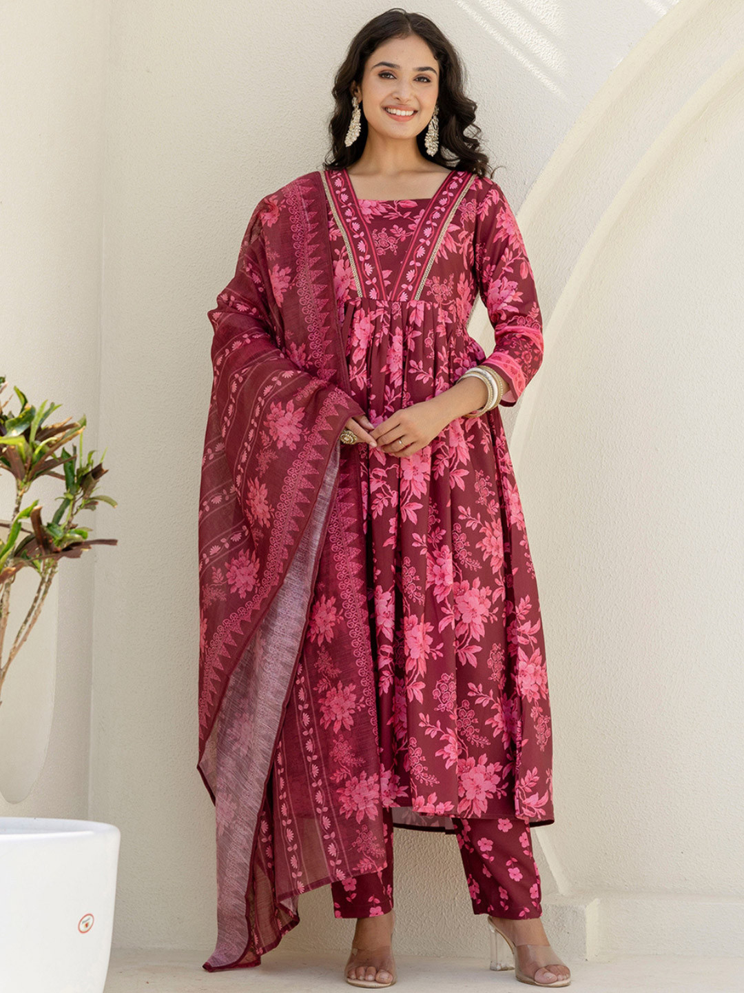 Navlik Floral Printed Empire Square Neck Anarkali Kurta With Trouser And Dupatta