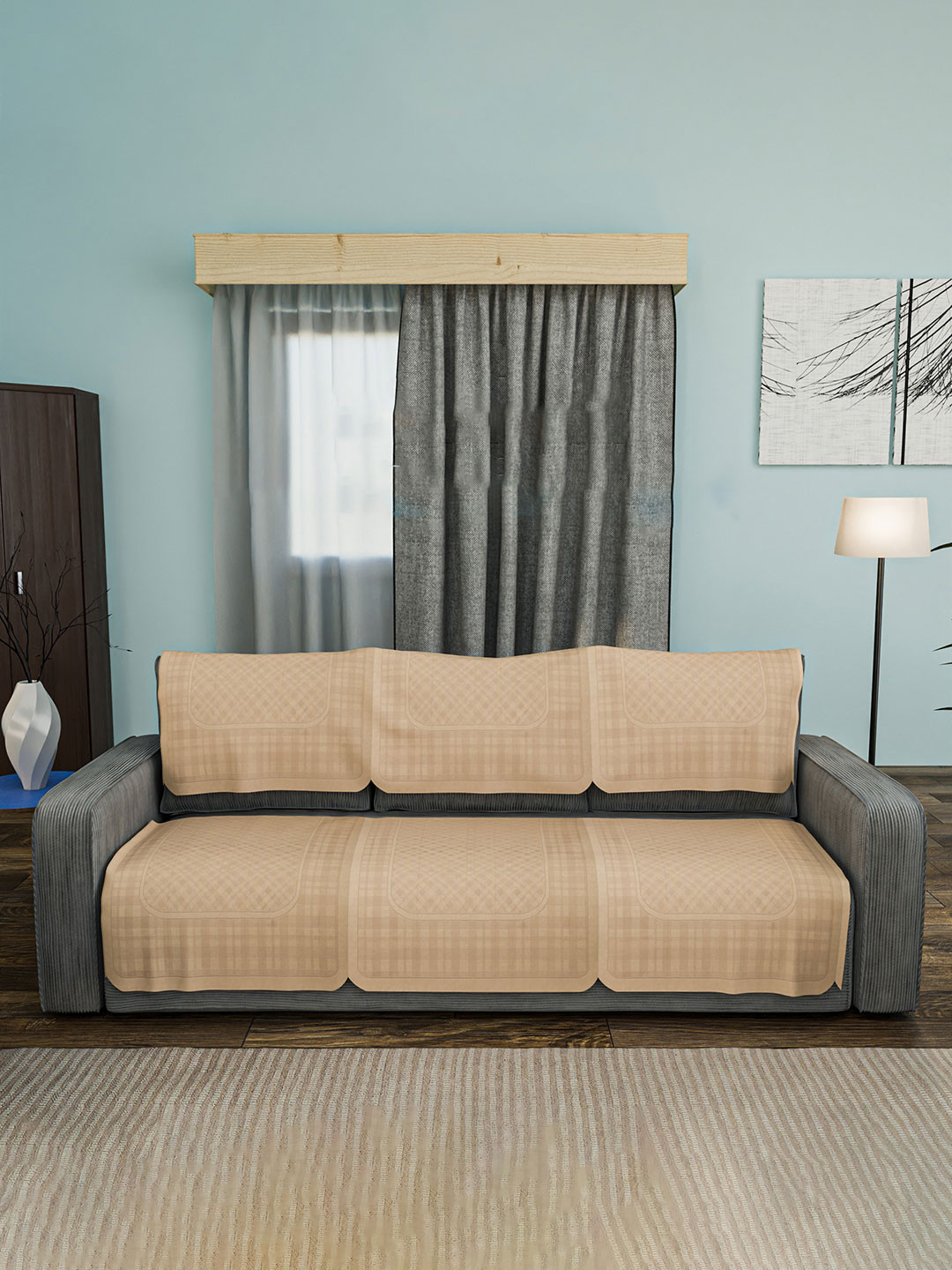 Aura Brown 3 Piece Cotton Check Printed Cotton Sofa Cover