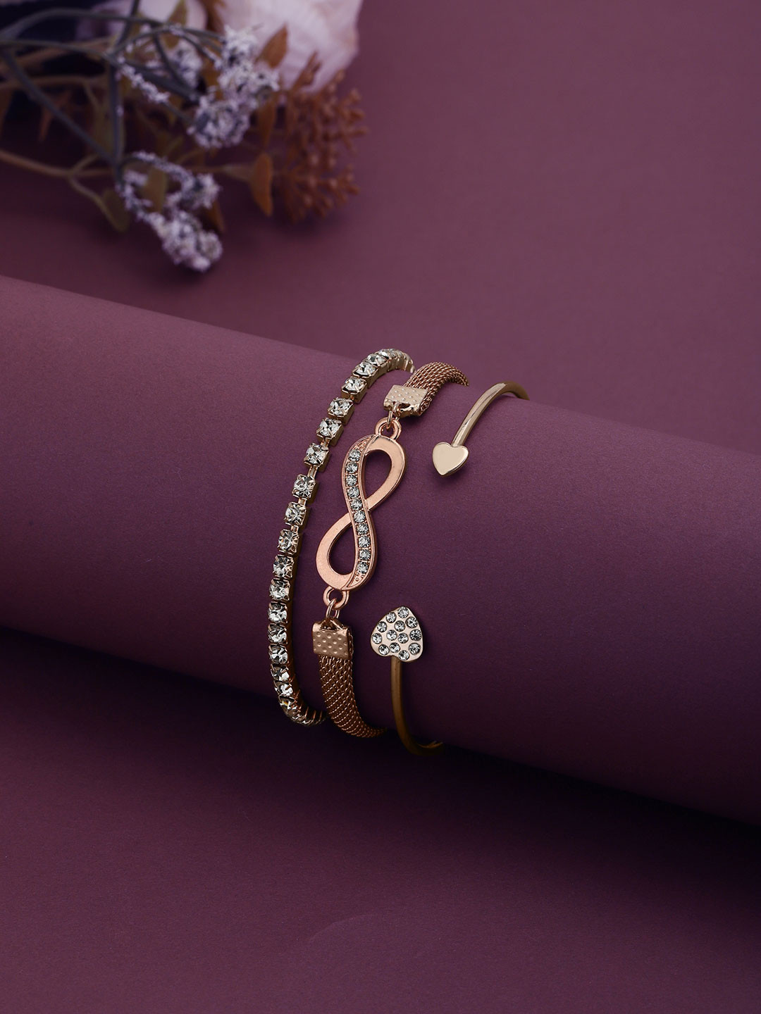 Carlton London Women Pack Of 3 Cubic Zirconia Rose Gold-Plated Link Bracelet