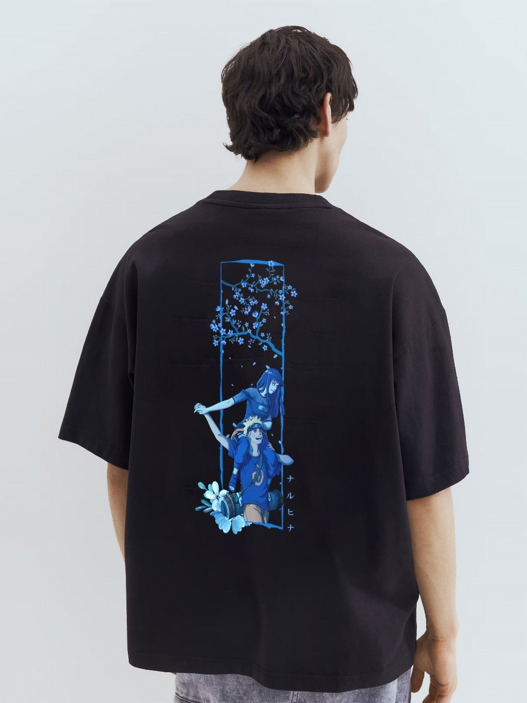 WHITE HUSK Naruto Naru Hina Anime Printed Round Neck Oversized T-shirt