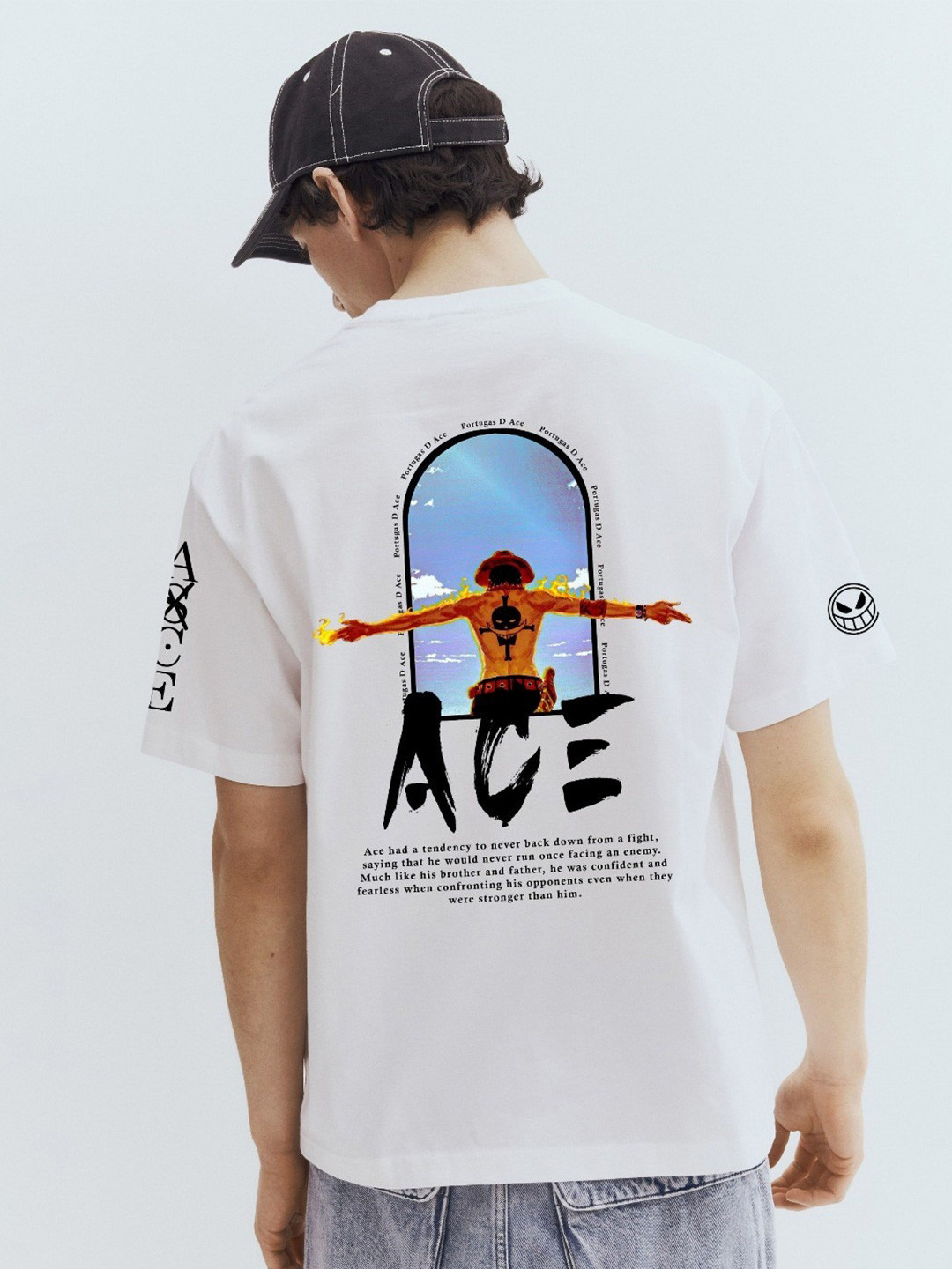 WHITE HUSK Men Ace One Piece Anime Printed Round Neck Cotton Oversized T-shirt