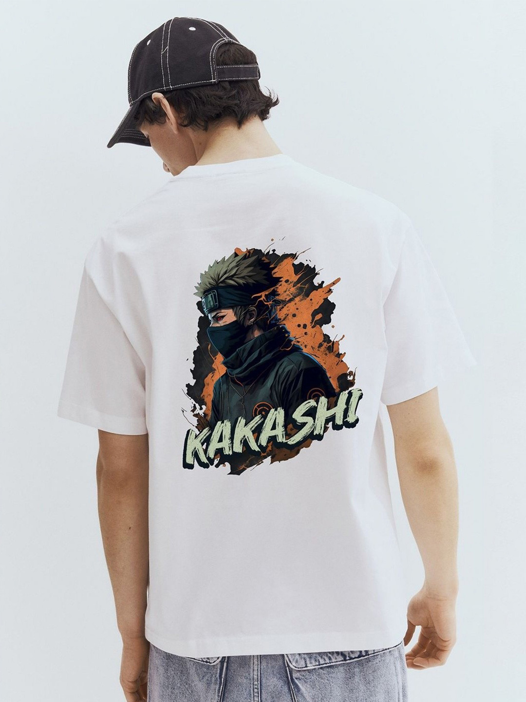 WHITE HUSK Kakashi Naruto Anime Printed Round Neck Cotton Oversized T-shirt
